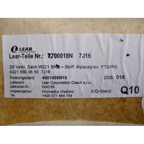 Mercedes-Benz A2216900650 7J16 Серая обшивка потолка под люк S-Class W221 short